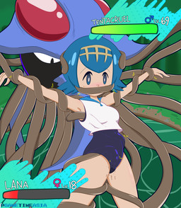 bestiality blue_eyes blue_hair blush bodily_fluids bound breasts clothed clothed_female clothed_human clothing duo female female_human female_on_feral female_symbol feral gag gagged gameplay_mechanics gender_symbol genital_fluids gui hair health_bar human_focus human_on_feral interspecies male male/female male_feral male_on_human male_symbol not_furry_focus one-piece_swimsuit pokephilia restrained sex short_hair simple_background swimwear symbol tentacle_sex tentacle_under_clothing tentacles text vaginal_fluids gametimeasia nintendo pokemon lana_(pokemon) pokemon_trainer aquatic generation_1_pokemon human mammal pokemon_(species) tentacruel 2019 digital_media_(artwork) english_text hi_res