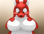 anthro big_breasts blush breasts countershading featureless_breasts female fur hand_on_breast looking_at_self looking_down multicolored_body multicolored_fur paws red_body red_fur solo surprise two_tone_body two_tone_fur white_body white_countershading white_fur wafflefox rooby_(wafflefox) kangaroo macropod mammal marsupial