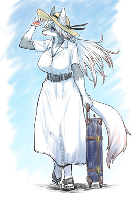 5_fingers 5_toes anthro belt big_breasts biped breasts claws clothed clothing dress eyelashes feet female female_anthro fingers footwear fur grey_body grey_fur hair kemono long_hair pawpads ponytail purple_eyes ribbons sandals shoes smile solo standing suitcase sunset toeless_footwear toes white_body white_clothing white_dress white_fur white_hair ookamiwaho okami_bark canid canine canis mammal wolf 2:3 digital_media_(artwork) hi_res