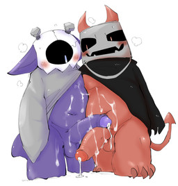 anthro balls black_sclera blush bodily_fluids bottomless bucket claws clothed clothing container cum cum_drip cum_on_body cum_on_penis cum_on_self dripping duo fangs genital_fluids genitals half-erect horn humanoid_genitalia humanoid_penis looking_at_another looking_at_partner looking_down male male/male navel overweight overweight_male partially_clothed penis pointed_tail purple_body raised_clothing raised_topwear red_body screw simple_background smile teeth topwear white_background doneru bucketsatan frankenghost cyclops demon ghost horned_humanoid humanoid monster spirit hi_res