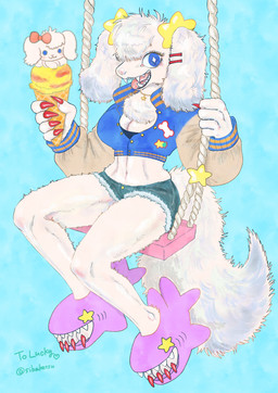 accessory anthro blue_eyes bottomwear breasts claws cleavage clothed clothing colored_nails denim denim_bottomwear denim_clothing dessert female floppy_ears fluffy food footwear fur hair hair_accessory ice_cream jacket kemono looking_at_viewer nails navel open_mouth shorts simple_background sitting smile solo tail teeth topwear white_body white_fur kyokyota canid canine canis domestic_dog mammal 2024 absurd_res hi_res