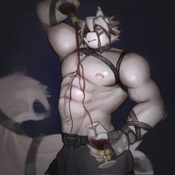 alcohol anthro barazoku belt beverage big_muscles big_pecs bottomwear clothing container cup drinking_glass eye_patch eyewear fingerless_gloves fluffy fluffy_tail fur glass glass_container glass_cup gloves hair handwear harness male muscular muscular_anthro muscular_male pants pecs pouring_alcohol pouring_liquid pouring_on_breasts pouring_onto_self red_eyes shirtless_anthro shirtless_male solo tail white_body white_fur white_hair wine wine_bottle wine_glass not_nko mihoyo zenless_zone_zero von_lycaon canid canine canis mammal wolf hi_res