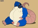 anthro balls beard belly big_belly blue_body erection facial_hair genitals male moobs mustache navel nipples overweight overweight_male penis sitting solo white_body artur_oink mammal murid murine rat rodent 2023