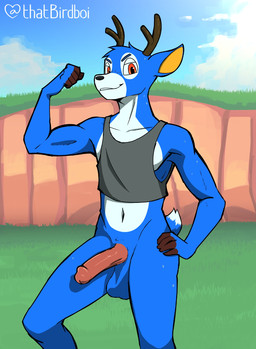 anthro antlers balls blue_body blue_fur bottomless bottomless_anthro bottomless_male clothed clothing crop_top erection flexing flexing_bicep fur genitals grin grinning_at_viewer hand_on_hip horn humanoid_genitalia humanoid_penis looking_at_viewer male no_underwear outdoor_background outside penis red_eyes shirt smile smiling_at_viewer solo standing tank_top topwear yellow_inner_ear thatbirdboi animal_crossing nintendo bam_(animal_crossing) deer mammal 2025 digital_drawing_(artwork) digital_media_(artwork) english_description hi_res