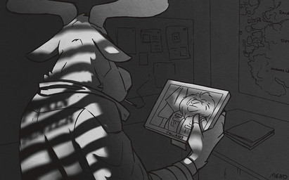 anthro antlers cigarette clothed clothing holding_object horn inside male map office photo police police_uniform smoking solo text uniform rockbottomfeeder disney zootopia fan_character maurice_fournier deer felid lion mammal moose new_world_deer pantherine 2016 english_text greyscale monochrome signature