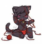 acting_like_a_cat anthro ball_of_yarn bell bell_collar black_body black_fur black_hair blush bulge chibi clothed clothing collar daww entangled fur hair male one_eye_closed playing_with_yarn red_eyes simple_background solo string tail thong underwear white_background yarn huiro salem_(sutherncross2006) domestic_cat felid feline felis mammal