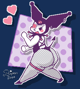 anthro arrow_tail belly bent_leg big_butt blush butt butt_focus clothing dotted_background drop_shadow ear_piercing ear_ring exposed_back eye_patch eyelashes eyewear female fishnet_clothing fishnet_legwear fishnet_pantyhose fist footwear heart_symbol hood legband legwear leotard lingerie looking_at_viewer looking_back looking_back_at_viewer narrowed_eyes open_mouth pantyhose pattern_background piercing pixelated pointy_ears polka_dots pom_poms ring_piercing shoes simple_background simple_eyes skull_symbol slightly_chubby solo spade_tail tail thick_thighs thighband transparent_background bipan onegai_my_melody sanrio kuromi ambiguous_species demon lagomorph leporid mammal rabbit alpha_channel digital_drawing_(artwork) digital_media_(artwork)