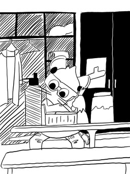anthro biped bottomwear clothing eating eyewear food goggles male pants safety_goggles shirt sitting solo topwear kanpukugu mammal mouse murid murine rodent 2025 3:4 hi_res monochrome