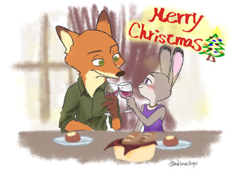 anthro blush bread clothed clothing container cup dipstick_ears drinking_glass duo ear_markings eye_contact female food fur glass glass_container glass_cup green_eyes grey_body grey_fur holidays jewelry looking_at_another male multicolored_ears necklace orange_body orange_fur plate purple_eyes smile text wine_glass nklove3104 christmas disney zootopia judy_hopps nick_wilde canid canine fox lagomorph leporid mammal rabbit red_fox true_fox 2020 4:3 english_text hi_res