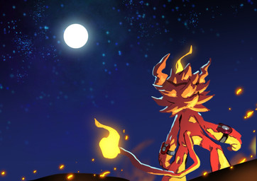 anthro fire flaming_tail full_moon fur male moon night red_body red_fur sky solo star starry_sky tail fseiven bandai_namco digimon digimon_story:_time_stranger coronamon digimon_(species) 2025 hi_res
