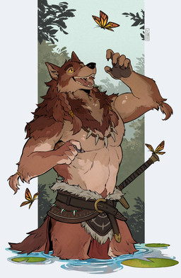 accessory anthro arm_tuft belt bottomwear braided_hair brown_body brown_fur claws clothed clothing elbow_tuft finger_claws fur hair hair_accessory hair_ring inner_ear_fluff lily_pad logo loincloth male melee_weapon neck_tuft open_mouth open_smile outside partially_submerged plant pointy_ears prick_ears smile solo sword tail teeth tooth_necklace topless topless_anthro topless_male tuft water weapon yellow_sclera ixkouu mythology tirion_(suntattoowolf) arthropod butterfly canid canine insect lepidopteran mammal mythological_canine mythological_creature werecanid werecanine werecreature werewolf 2026 artist_logo digital_media_(artwork) hi_res