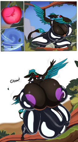 3_fingers 4_ears anthro apple_in_mouth areola big_breasts big_bulge black_body black_breasts black_feathers black_sclera blue_body blue_eyes blue_feathers blue_hair blue_wings branch breasts bulge clothed clothed_anthro clothed_gynomorph clothing crouching eating eating_apple eating_food eating_fruit expansion feather_hair feathered_wings feathers fingers flying grabbing_branch green_body green_feathers gynomorph gynomorph_anthro hair huge_breasts huge_bulge hyper hyper_breasts in_tree intersex intersex_anthro multi_ear nipples non-mammal_areolas non-mammal_breasts non-mammal_nipples on_branch plant pseudo_hair purple_areola purple_nipples solo tree winged_arms wings jessesmash32 ralena/ralaku avali avian absurd_res comic hi_res herm_(lore)