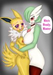 anthro big_breasts breast_size_difference breast_squish breasts breasts_frottage butt clothing collar duo eeveelution female female/female gardevoir generation_1_pokemon generation_3_pokemon hi_res hug humanoid hypernova_(artist) hypnosis inviting_to_sex jolteon legwear looking_at_viewer mind_control nintendo pokemon pokemon_(species) requesting sex_request small_breasts squish stockings