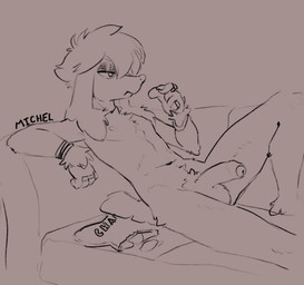 anthro balls casual_nudity chips_(food) eating eating_food food foreskin fur furniture genitals half-erect humanoid_genitalia humanoid_penis long_ears lying male navel nipples nude penis pokemorph ring_(jewelry) simple_background sofa solo wristband bedtime_buck nintendo pokemon canid canine furfrou generation_6_pokemon mammal natural_furfrou pokemon_(species) 2025 hi_res monochrome