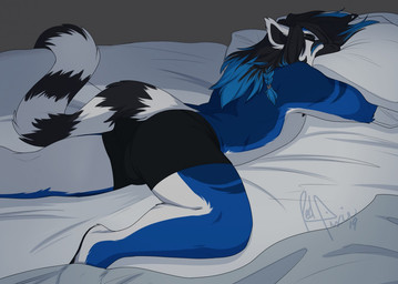 anthro bed bulge butt clothed clothing eyes_closed furniture hair long_hair lying male on_front pillow sleeping solo topless redpixie lune_(lunecatta) lemur mammal primate ring-tailed_lemur strepsirrhine