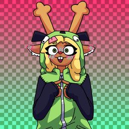 abstract_background anthro antlers blonde_hair blush buckteeth clothing female fingers_together green_eyes hair hoodie horn open_mouth red_nose solo teeth topwear zipper magik_woman deltarune invader_zim nickelodeon undertale_(series) gir_(invader_zim) noelle_holiday deer mammal new_world_deer reindeer