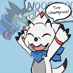 anthro black_body black_claws chibi claws horn humor kerchief male smile text white_body yellow_eyes owlscribbles bandai_namco digimon digimon_ghost_game digimon_(species) gammamon gulusgammamon 1:1 comic english_text hi_res