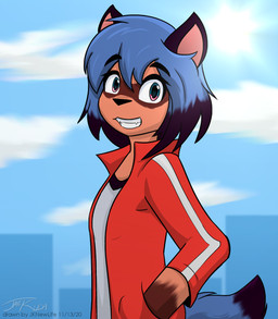anthro clothing cloud female hair sky solo jknewlife brand_new_animal studio_trigger michiru_kagemori canid canine mammal raccoon_dog tanuki hi_res