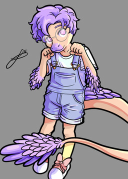 anthro black_outline clothed clothed_anthro clothed_male clothing elbow_feathers eyewear feathered_tail feathers femboy fingers fist footwear front_view glasses grey_background hair humanoid_hands long_tail looking_at_viewer male outline overalls pink_bow purple_body purple_eyes purple_feathers purple_hair round_glasses shirt shoes short_hair simple_background smile socks solo standing tail tan_body topwear white_clothing white_shirt white_topwear bass1l1ssc0 goodbye_volcano_high ko_op_(game_developer) sage_(gvh) dinosaur dromaeosaurid microraptor prehistoric_species reptile saurischian scalie theropod colored full-length_portrait hi_res portrait shaded signature