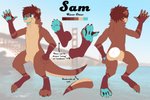 anthro california chest_tuft feet front_view fur male membrane_(anatomy) multicolored_body multicolored_fur neck_tuft open_mouth pawpads paws rear_view smile solo tail text thick_tail toes tuft two_tone_body two_tone_fur webbed_feet webbed_hands mowshi sam_(mowshi) mammal mustelid otter river_otter 3:2 hi_res model_sheet