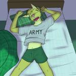 1:1 adam_caro anthro army bed bobcat boxers_(clothing) clothing felid feline furniture fuze hi_res lynx male mammal pillow sleeping solo texnatsu text underwear