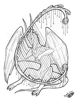 claws feral harp horn membrane_(anatomy) membranous_wings musical_instrument nude plucked_string_instrument simple_background sitting solo string_instrument tail white_background wings natoli mythology dragon mythological_creature mythological_scalie scalie 2011 hi_res monochrome traditional_media_(artwork)