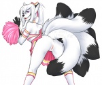 anthro anus biped black_nose blush bottomwear breasts butt canid canine cheerleader clothed clothing distracting_watermark female footwear fox fur genitals hair legwear long_hair looking_at_viewer looking_back mammal multi_tail no_underwear nude open_mouth presenting presenting_hindquarters purple_eyes pussy shiori_shi shysiren simple_background skimpy skirt smile socks solo tail upskirt watermark white_background white_body white_fur