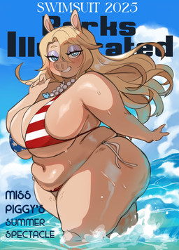 american_flag_bikini anthro big_breasts bikini biped blonde_hair breasts clothed clothing curvy_figure eyelashes eyeshadow female fingers flag_bikini flag_swimwear hair huge_breasts jewelry looking_at_viewer makeup necklace overweight overweight_anthro overweight_female pose pupils sea side-tie_bikini smile solo string_bikini swimwear text thick_thighs three-quarter_view two-piece_swimsuit voluptuous voluptuous_anthro voluptuous_female water wet wet_body lightsource muppets miss_piggy domestic_pig mammal suid suine sus_(pig) 2025 absurd_res cover english_text hi_res magazine_cover pinup