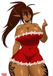 big_breasts breasts brown_hair cleavage clothed clothing female hair not_furry ponytail solo tattoo thick_thighs luvon elf humanoid hi_res