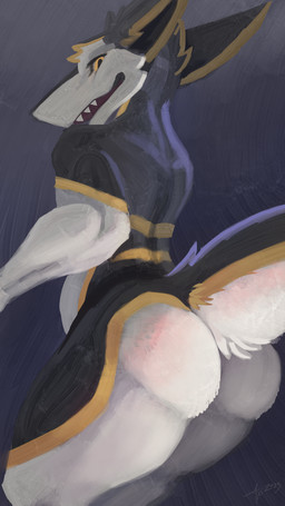 anthro big_butt black_body black_fur butt fur looking_back male multicolored_body multicolored_fur nude rear_view sharp_teeth simple_background solo teeth white_body white_fur yellow_body yellow_eyes yellow_fur accidentalaesthetics sergal 2023 9:16 colored digital_media_(artwork) digital_painting_(artwork) hi_res painting_(artwork) portrait shaded three-quarter_portrait