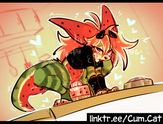 ahegao ambiguous_fluids anthro beverage blush bodily_fluids butt clothed clothing female food fruit fur genital_fluids genitals hair improvised_sex_toy juice_(beverage) looking_pleasured melon nude open_mouth plant simple_background smile solo tail text tongue vulva watermelon cum.cat mythology penta_(cum.cat) canid canine canis dragon fennec_fox food_creature fox hybrid mammal mythological_creature mythological_scalie scalie true_fox digital_media_(artwork) english_text