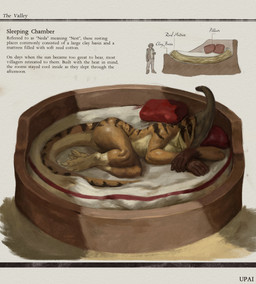anthro anthro_focus biped bone_frill breasts brown_body brown_scales claws clay clothed clothed_human clothed_male clothing duo feet female female_focus fingers frill_(anatomy) hay humanoid_hands long_tail lying male markings non-mammal_breasts nude nude_anthro nude_female on_side pillow scales sleeping solo_focus story_in_picture striped_markings stripes tail tan_body tan_scales text toe_claws toes upai pangaea_(upai) dinosaur hadrosaurid human mammal ornithischian ornithopod parasaurolophus prehistoric_species reptile scalie absurd_res artist_name english_text hi_res reference_image