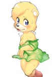 anthro blonde_hair breasts cleavage clothed clothing dress female fur green_clothing green_dress hair looking_at_viewer off_shoulder open_mouth simple_background solo translucent translucent_clothing wet wet_clothing wet_hair white_background yellow_body yellow_fur oposa disney gummi_bears sunni_gummi bear mammal 2021 absurd_res hi_res portrait three-quarter_portrait