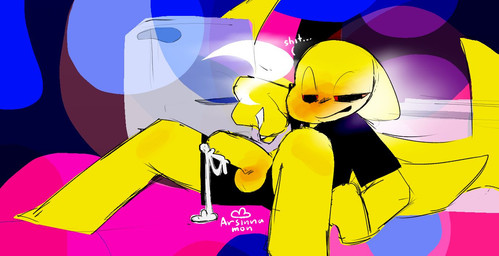 abstract_background after_masturbation anthro arm_support balls_blush bathroom bathtub blush bodily_fluids body_blush bottomwear clothed clothing cum cum_drip cum_on_penis cum_string dripping drugs fully_clothed genital_fluids genitals half-erect leaning leaning_backward leaning_on_elbow leaning_on_object male marijuana on_ground penis profanity psychedelic_background red_eyes shirt shorts smoke smoking smoking_marijuana solo t-shirt tail toilet topwear wings yellow_body arsinnamon mythology lemon_(arsinnamon) dragon mythological_creature mythological_scalie scalie