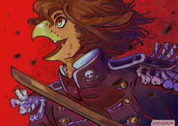 alternative_fashion brown_body brown_hair clothing epaulet goth hair male melee_weapon open_mouth skull_and_crossbones solo sword uniform weapon yellow_eyes aucaailin european_mythology greek_mythology mythology avian hippogriff mythological_avian mythological_creature 2025 digital_drawing_(artwork) digital_media_(artwork) shaded