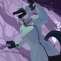 anthro black_body blue_clothing blue_topwear clothed clothing fangs female forest green_eyes green_sclera grin light_hair looking_up low-angle_view no_pupils outside plant smile solo teeth three-quarter_view topwear tree unsigned corzh77 species_request 1:1 absurd_res half-length_portrait hi_res portrait