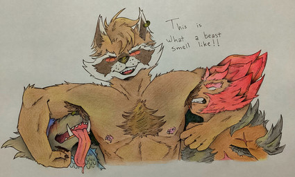 anthro armpit_fetish armpit_hair armpit_play armpit_sniffing body_hair brown_body brown_fur claws clothed clothing ear_piercing fur group hair male male/male nipple_piercing nipples piercing red_eyes scar smile sniffing teeth text tongue tongue_out trio bug_eater disney guardians_of_the_galaxy marvel mythology treasure_planet captain_amelia rocket_raccoon wolverine_(marvel) animal_humanoid canid canine canis gulonine humanoid mammal mustelid musteline mythological_canine mythological_creature procyonid raccoon werecanid werecanine werecreature werewolf wolverine absurd_res hi_res traditional_media_(artwork)