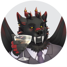 anthro big_fangs black_body black_fur black_sclera clothed clothing ear_piercing ear_ring fangs fur grey_background grey_clothing grey_topwear grin holding_glass holding_object horn horn_jewelry horn_ring huge_fangs jewelry male male_anthro membrane_(anatomy) membranous_wings narrowed_eyes necktie piercing purple_necktie red_wings ring_(jewelry) ring_piercing simple_background smile solo teeth topwear wings yellow_eyes apple-faced mythology canid canine dragon hybrid mammal mythological_creature mythological_scalie scalie 1:1 bust_portrait hi_res portrait