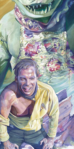 duo fangs green_body male open_mouth starfleet_uniform teeth retrospectstudios star_trek star_trek_the_original_series james_t._kirk william_shatner gorn_(species) human mammal