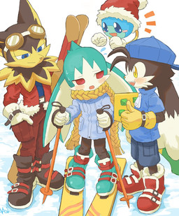 anthro backwards_baseball_cap backwards_hat baseball_cap black_body black_fur blue_clothing blue_eyes blue_shirt blue_topwear blush boots bottomwear christmas_clothing christmas_headwear clothing coat eyewear eyewear_on_head footwear fur gesture gloves goggles goggles_on_head green_body green_fur group hand_gesture handwear hat headgear headwear holidays kemono male male/male open_mouth red_boots red_clothing red_eyes red_footwear santa_hat scarf shirt shoes shorts simple_background ski snow thumbs_up topwear white_background yellow_clothing yellow_eyes yellow_gloves yellow_handwear young young_anthro young_male amber_graygamma bandai_namco christmas klonoa_(series) guntz huepow king_of_sorrow klonoa 2023 hi_res