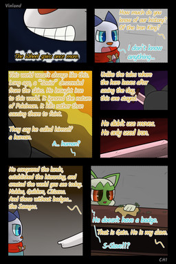 anthro book cloth dialogue fantasy freckled_face freckles semi-anthro speech_bubble text vinland nintendo pokemon pokemon_mystery_dungeon spike_chunsoft brixen_(vinland) gato_(vinland) sebastian_(infinitydoom) braixen generation_5_pokemon generation_6_pokemon generation_9_pokemon oshawott pokemon_(species) sprigatito 2:3 absurd_res comic cover_art english_text hi_res story