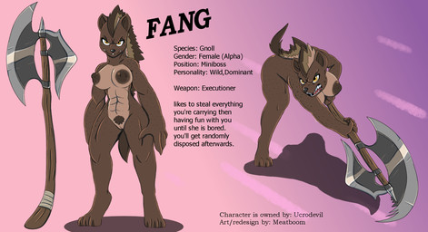 anthro axe breasts female genitals melee_weapon muscular muscular_anthro muscular_female nude pubes solo text vulva weapon meatboom fang_(ucrodevil) gnoll hyena mammal english_text hi_res