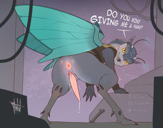 animal_genitalia antennae_(anatomy) anthro anus beak bent_over blue_body bodily_fluids bottomless butt claws clothed clothing dialogue digitigrade dripping erection feathers feet fingers genital_fluids genital_slit genitals grey_body insect_wings looking_at_viewer looking_back looking_back_at_viewer male open_mouth partially_clothed penis pink_penis precum precum_drip precum_string presenting presenting_anus presenting_hindquarters presenting_penis rear_view shaking simple_background smile solo sweat sweatdrop sweaty_butt talking_to_viewer tapering_penis text throbbing throbbing_penis toe_claws toes tools topwear wings wrench yellow_eyes yellow_sclera tenides wildgate mophs_(wildgate) arthropod hybrid absurd_res digital_media_(artwork) english_text hi_res