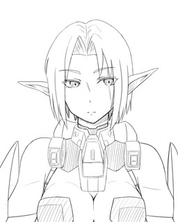 clothing female looking_aside not_furry scar simple_background solo uniform white_background tsurugi_muda elf humanoid 2015 4:5 line_art monochrome
