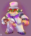 anthro balls blush bodily_fluids clothed clothing crossdressing dress duo erection genitals hair horn male male/male penis simple_background size_difference slightly_chubby spikes standing suit sweat wedding_dress salad_pervert mario_bros nintendo super_mario_odyssey bowser mario human koopa mammal scalie