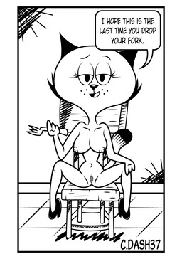 3_fingers anthro areola arms_bent bent_legs big_breasts big_eyes big_head biped border breasts chair clothing collarbone curved_eyebrows curvy_figure cutlery dialogue dipstick_tail eyebrows eyelashes female fingers floor footwear footwear_only fork freckles front_view furniture genitals half-closed_eyes high_heels high_heels_only holding_fork holding_object holding_tool holding_utensil hourglass_figure inside internal_wall kitchen_utensils long_eyelashes looking_at_viewer markings mature_anthro mature_female mostly_nude mostly_nude_anthro mostly_nude_female narrowed_eyes navel nipples no_irises on_chair open_mouth open_smile parody pointy_ears prick_ears puffy_areola puffy_nipples pupils shoes sitting sitting_on_chair small_waist smile smiling_at_viewer solo speech_bubble spread_legs spreading style_emulation tail tail_markings talking_to_viewer text thin_eyebrows tongue tools vulva wall_(structure) whiskers white_border wide_hips c.dash37 the_complex_adventures_of_eddie_puss mother_puss domestic_cat felid feline felis mammal 2022 artist_name black_and_white digital_drawing_(artwork) digital_media_(artwork) english_text monochrome