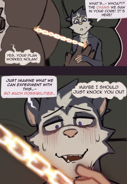 2_panel_comic anthro big_muscles big_pecs black_body black_fur blush blush_lines bodily_fluids bone dialogue duo face_focus fur head_on_lap huge_pecs lying male male/male muscular muscular_anthro muscular_male nipples on_lap orange_eyes pecs pecs_focus purple_eyes skull skull_head speech_bubble tears text waking_up white_body white_fur king_slabu adrian_(king_slabu) nolan_(king_slabu) american_opossum canid canine canis domestic_dog mammal marsupial spirit virginia_opossum absurd_res comic digital_media_(artwork) english_text hi_res