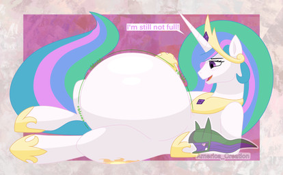 belly big_belly blush cutie_mark digestion_noises female female_pred feral hair hoof_on_belly horn looking_at_belly lying on_side onomatopoeia open_mouth overweight simple_background smile solo sound_effects tail text vore wings arceus_tummy friendship_is_magic hasbro my_little_pony mythology princess_celestia_(mlp) equid equine horse mammal mythological_creature mythological_equine pony winged_unicorn absurd_res hi_res