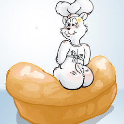 anthro apron apron_only big_butt blue_eyes bread butt chef_hat clothing female food fur hat headgear headwear lips looking_at_viewer mostly_nude one_eye_closed simple_background solo text text_on_clothing text_on_headwear white_body white_fur wink gallardo bimbo_(bakery) bimbo_bear bear mammal 1:1 absurd_res hi_res