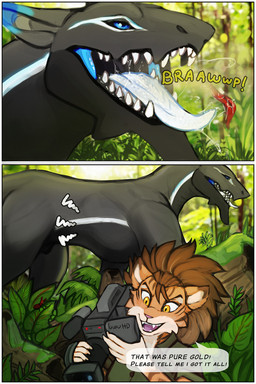 after_vore animal_genitalia anthro black_body black_sheath blue_eyes burping camera day dipstick_ears duo ear_markings female feral forest front_view fully_sheathed fur genitals glistening glistening_eyes grey_body holding_camera holding_object jungle male multicolored_ears narrowed_eyes open_mouth open_smile orange_body orange_fur outside plant sheath side_view smile text tongue tongue_out tree vore yellow_body yellow_fur acidic mythology dragon felid mammal mythological_creature mythological_scalie scalie comic english_text hi_res